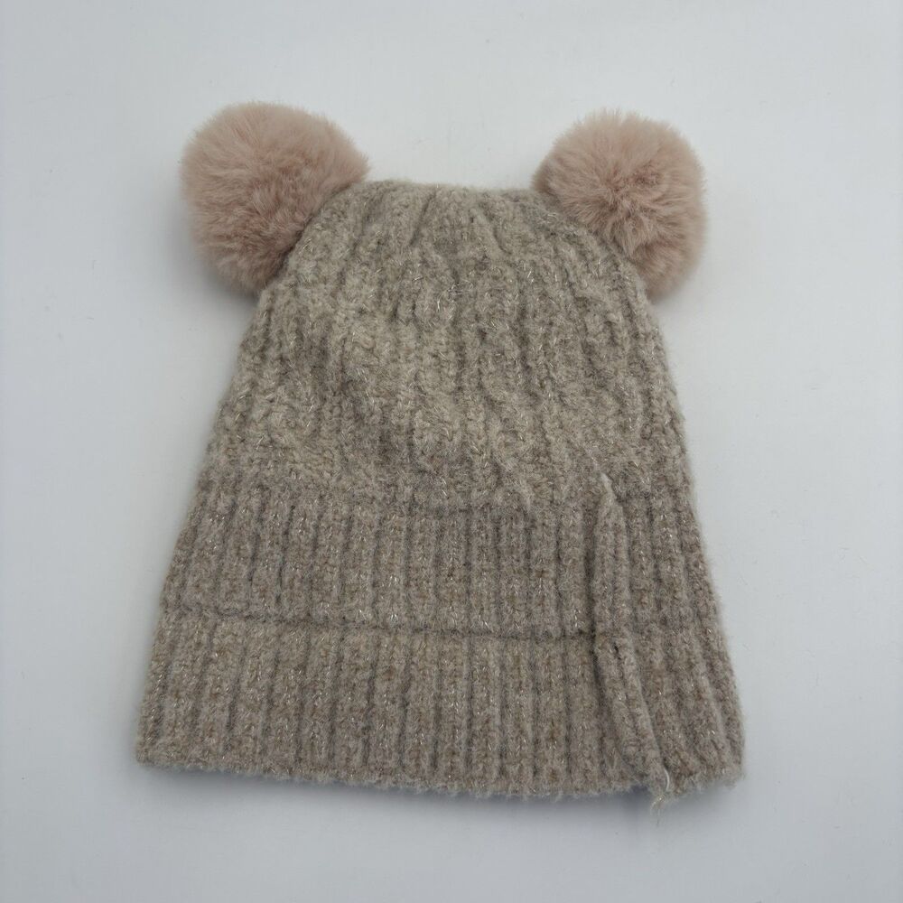 Womens Beige Knit Beanie Disney Mickey Minnie Inspired Double Pom Pom Winter Hat